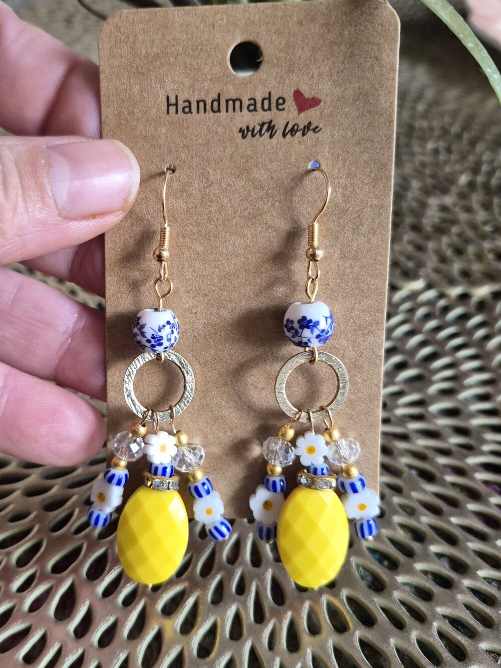 Handmade Yellow and Blue Floral Drop Earrings - Women's Jewelry